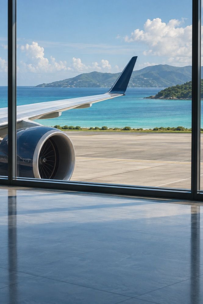 AI-generated illustration of a passenger jet beside a tropical airport terminal